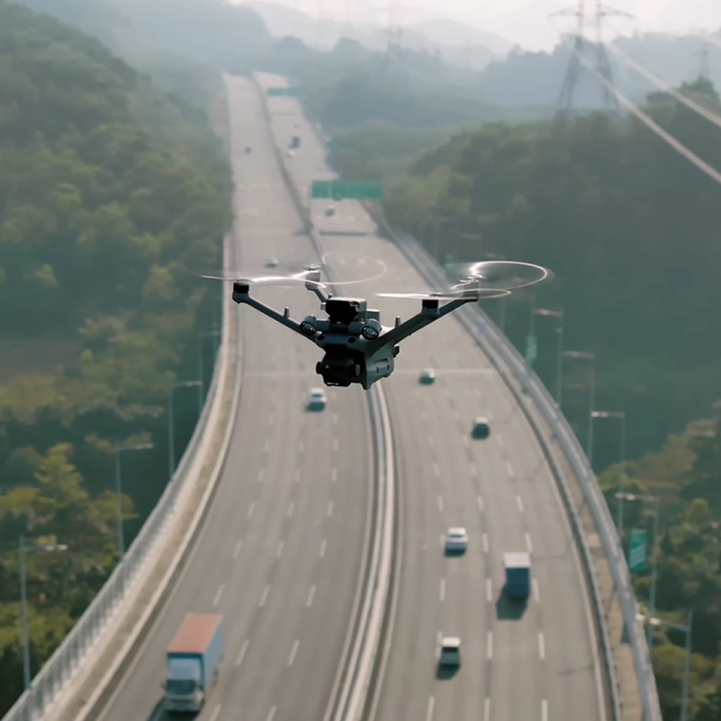 Dron DJI Dock 3 de inspección aérea supervisando una carretera.