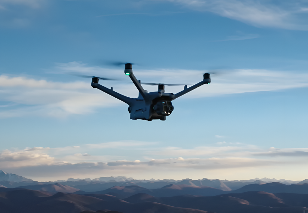 Drone de vigilancia e inspección aérea en vuelo sobre paisaje cordillerano