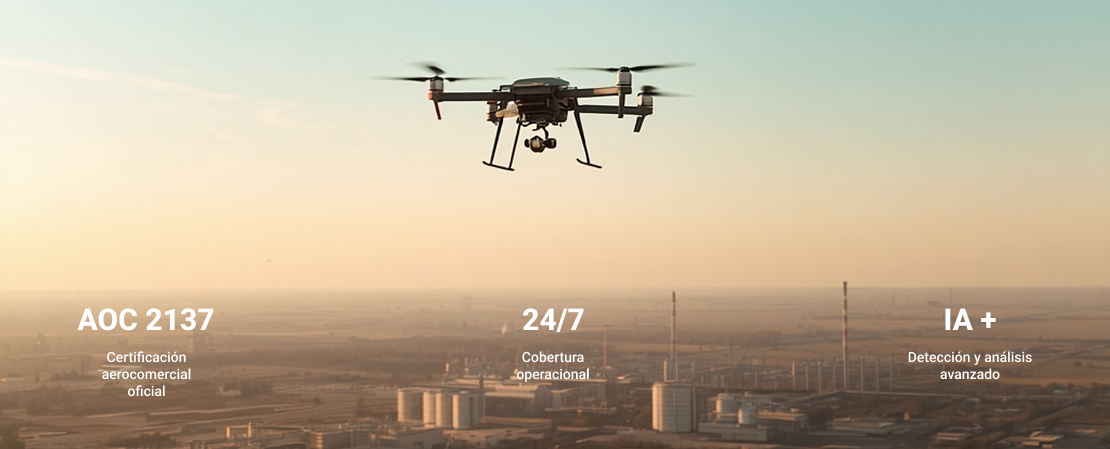 Dron profesional realizando inspección y monitoreo aéreo de instalaciones industriales.
