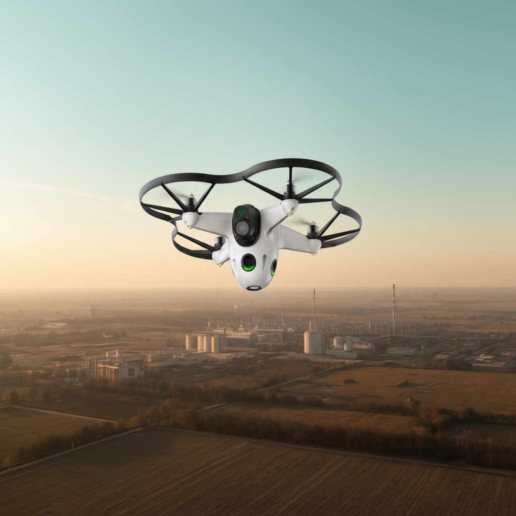 Dron europeo y americano de vigilancia aérea sobrevolando un complejo industrial para inspección y seguridad